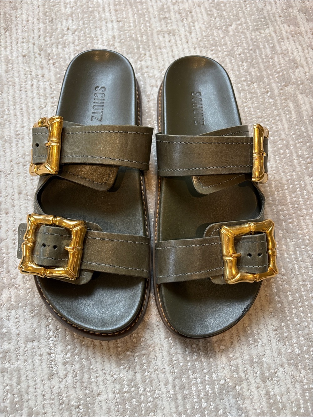 Schutz Enola Olive Leather Slide Sandals with Gold Buckles